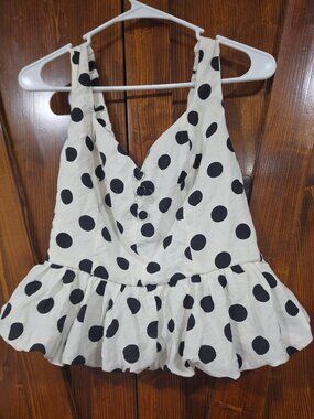 Good luck Gem black polka dot and front button top, size M